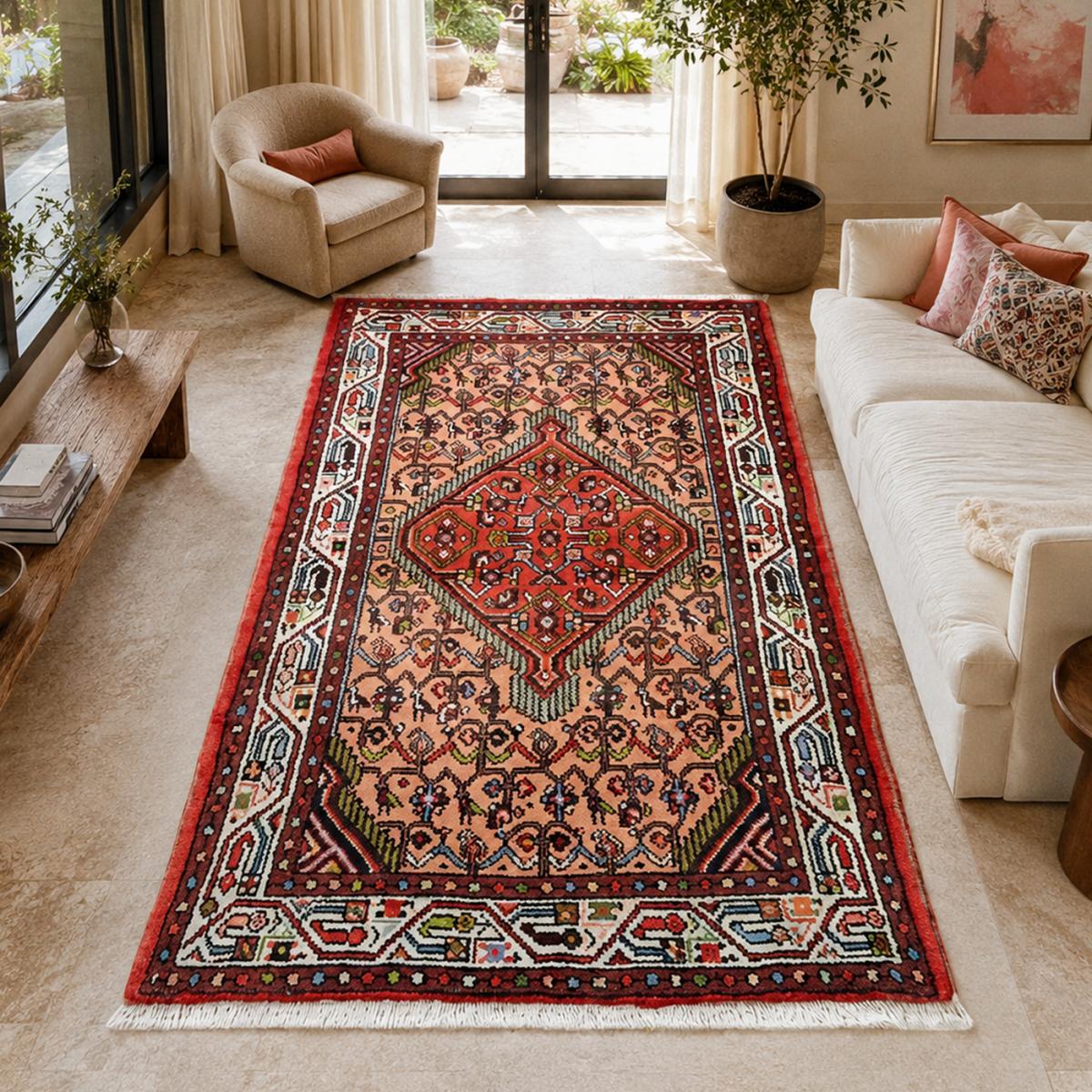 Tapis d'orient, motif oriental noué à la main, HAMADAN 29 rose, crème, rouge, UN AMOUR DE TAPIS