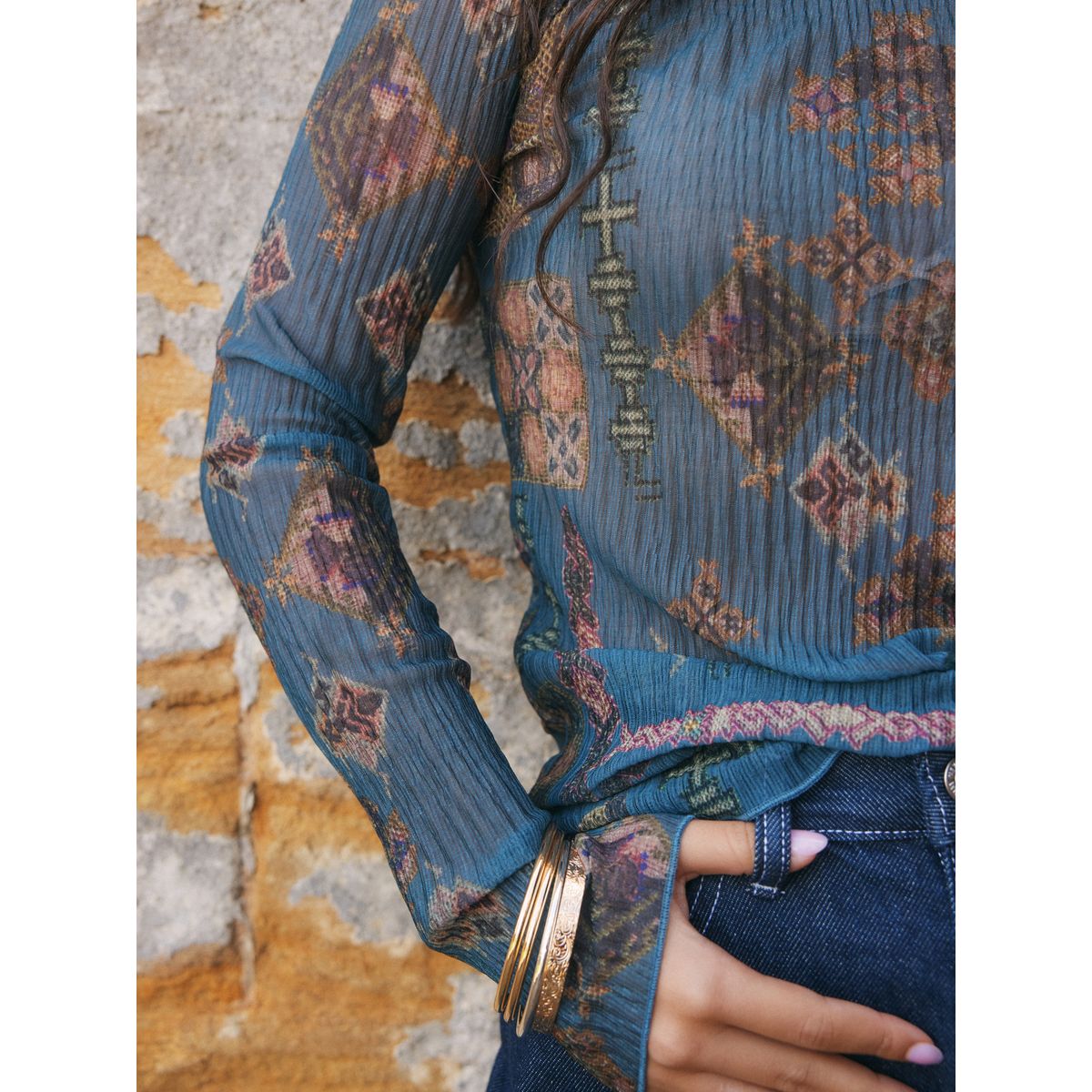 Haut manches longues en mesh effet froissé national trust teal blue print, NEXT