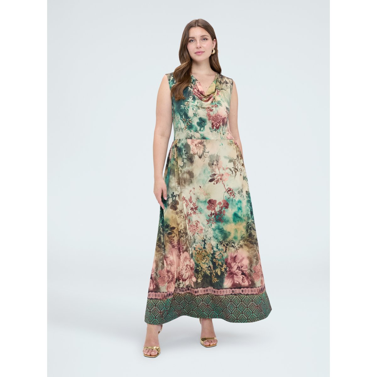 Robe longue évasée avec imprimé vert, FIORELLA RUBINO
