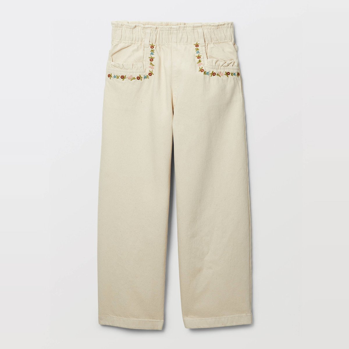 Pantalon twill détails de broderies en coton naturel, MONOPRIX