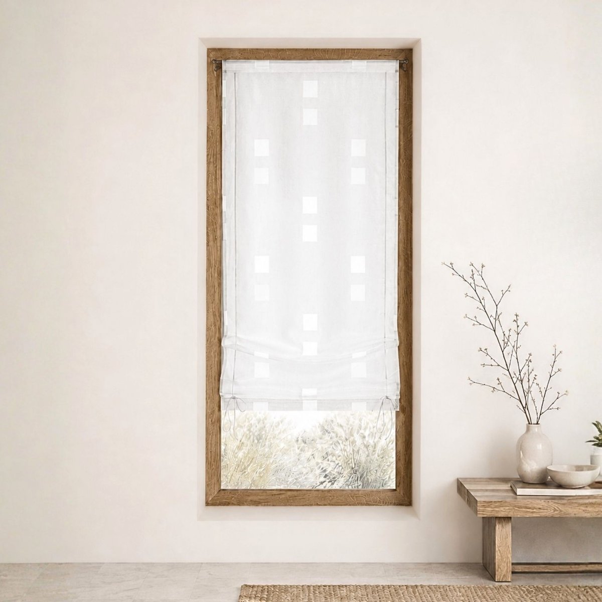 Store voilage à remonter organza motif de carrés blanc, HOME MAISON