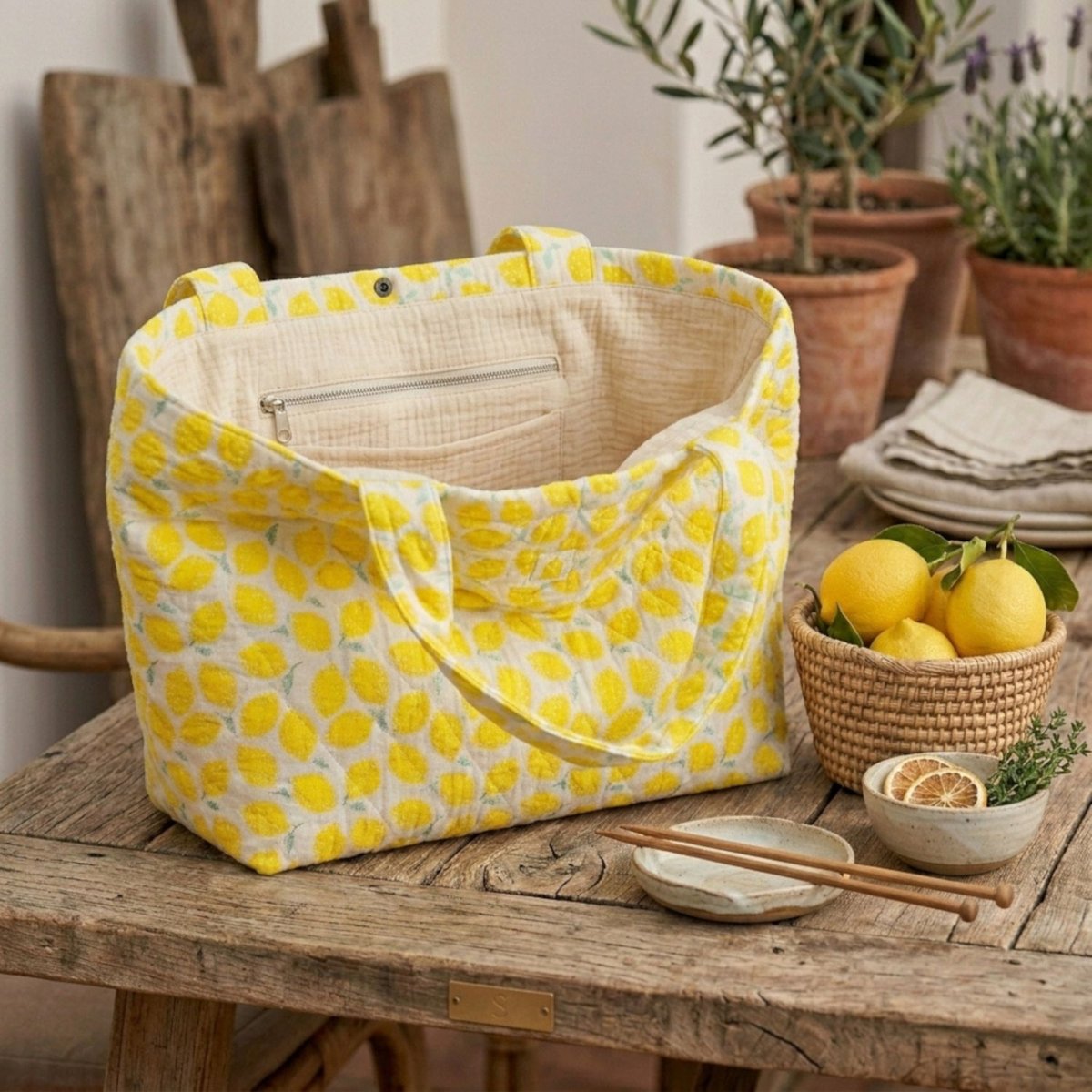 Sac cabas en gaze de coton matelassé imprimé - LEOPARD ecru, jaune, bleu, SAUTHON