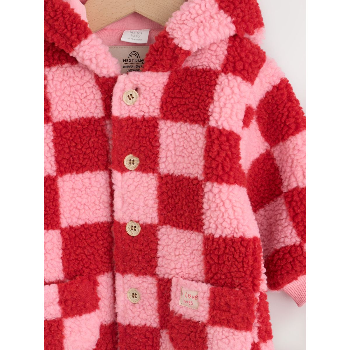Combinaison à capuche pour bébé en borgana damier rose et rouge, NEXT