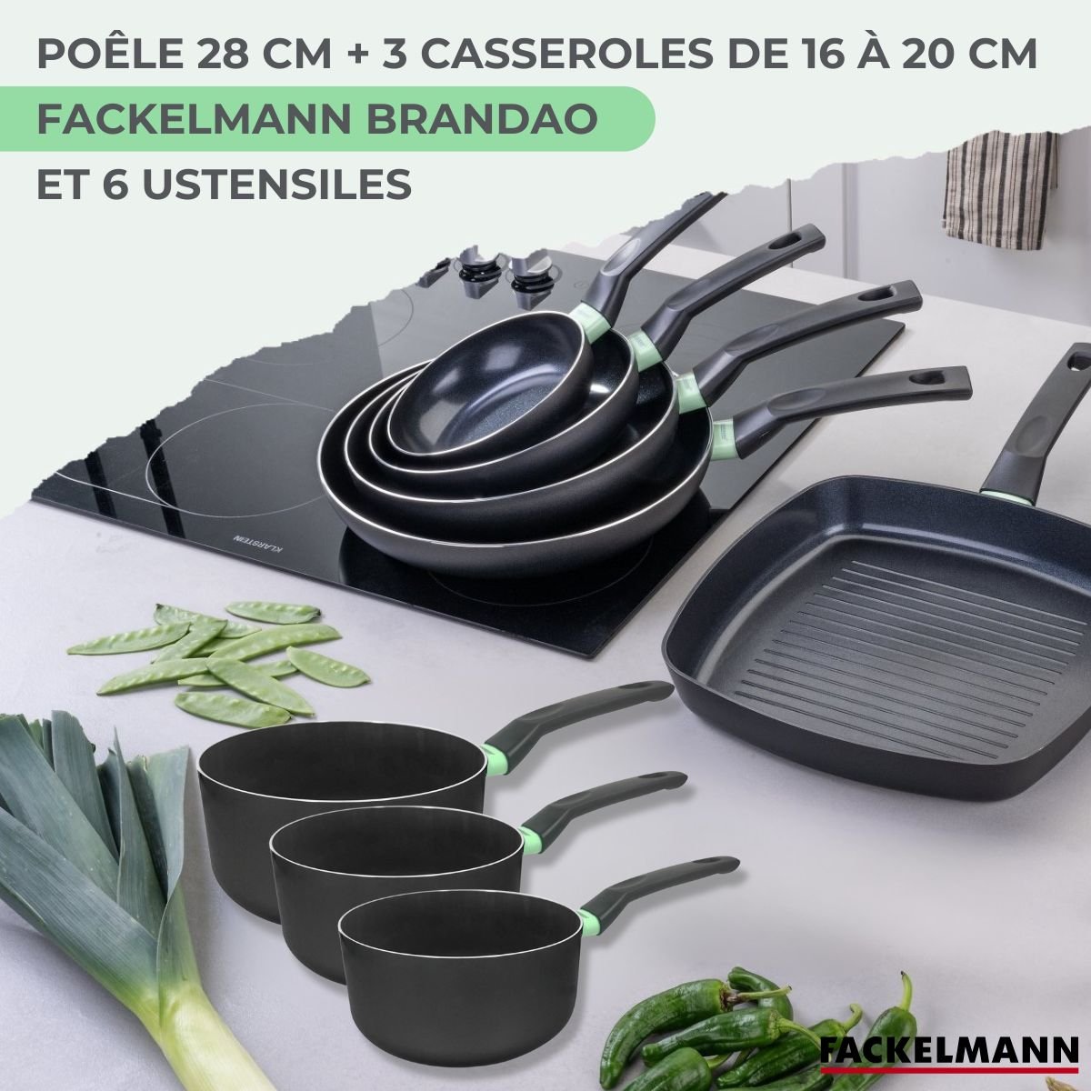 Batterie 1 poêle 28cm + 3 casseroles 16/18/20cm BRANDAO VARIO noir|vert, FACKELMANN