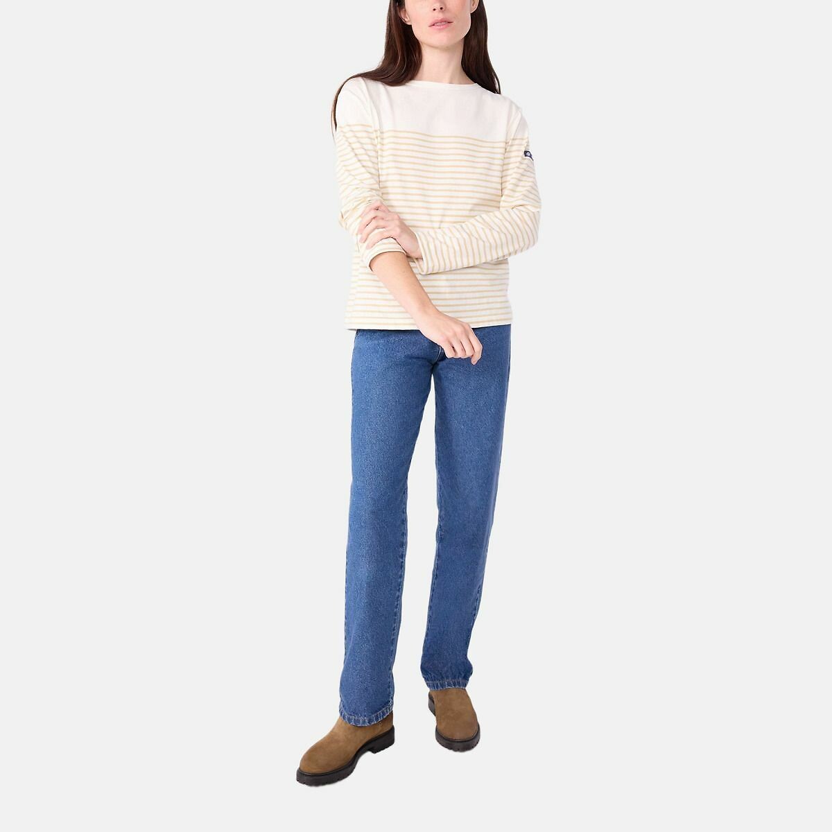 Women's Cotton Striped T-Shirt white/beige stripes, PETIT BATEAU