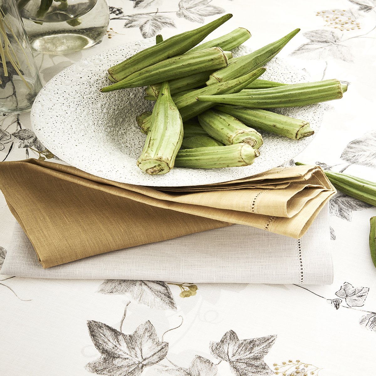 Nappe en lin imprimée et brodée, LIERRE blanc, ALEXANDRE TURPAULT
