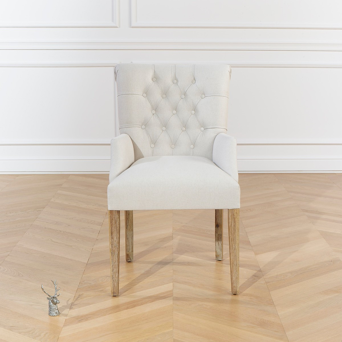 Fauteuil de table capitonné style contemporain en hévéa et lin coton AGATA ficelle, ROBIN DES BOIS