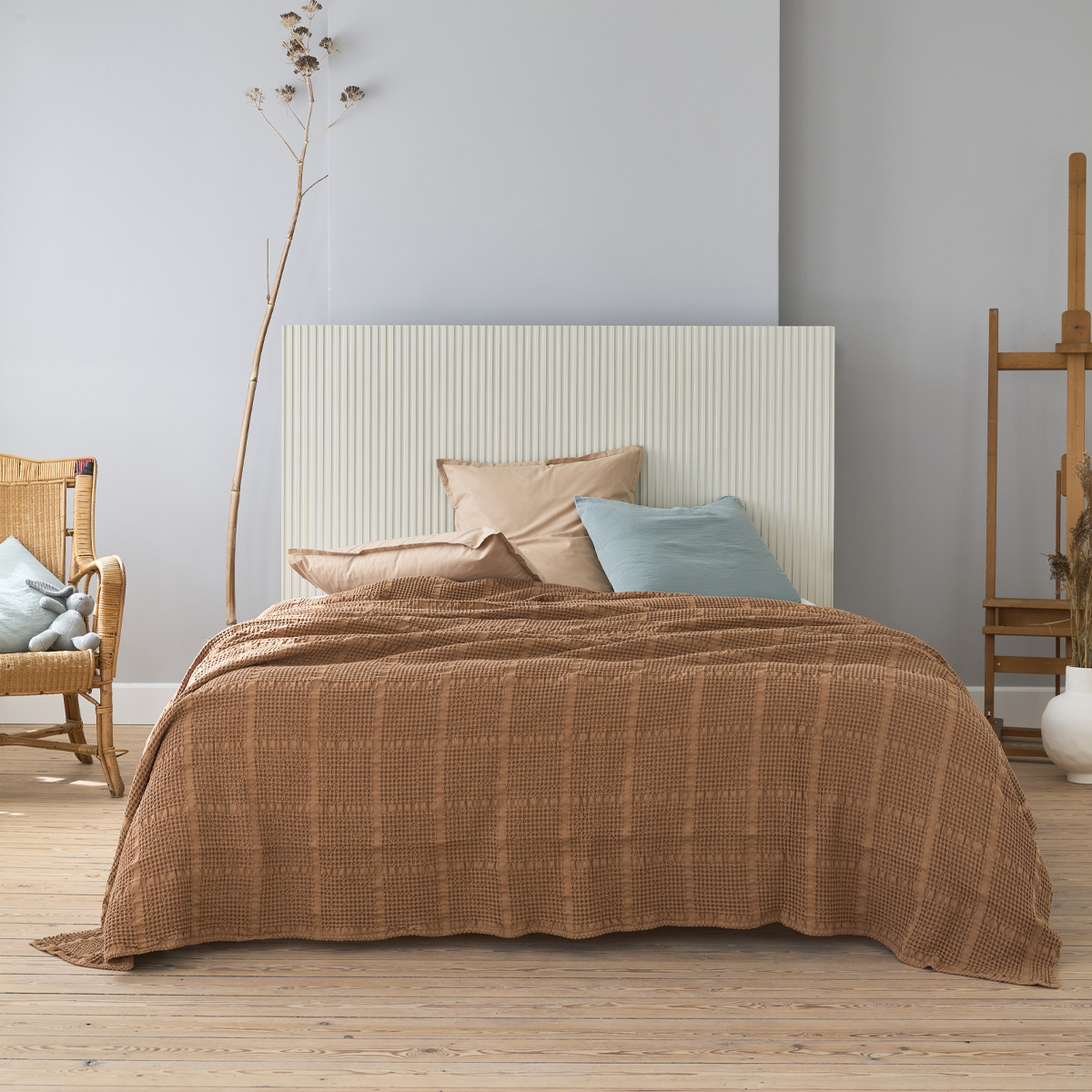 Couvre lit uni en jacquard de coton, YOGI terre cuite, ESSIX