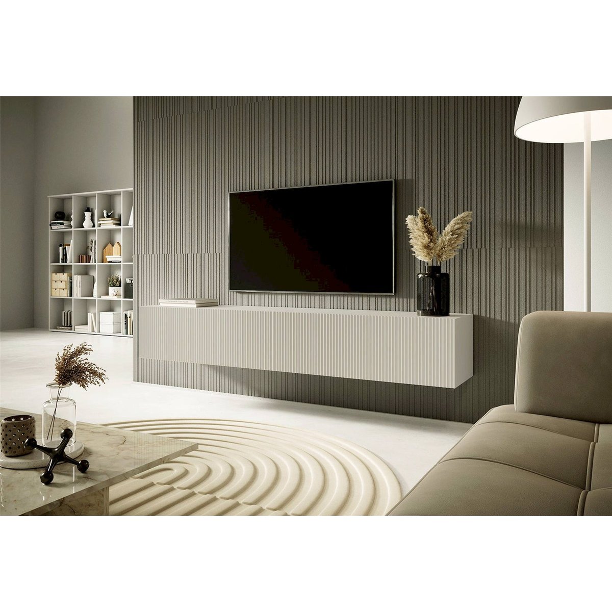 Meuble tv suspendu VELDIO façade rainurée blanc, RECOLLECTION