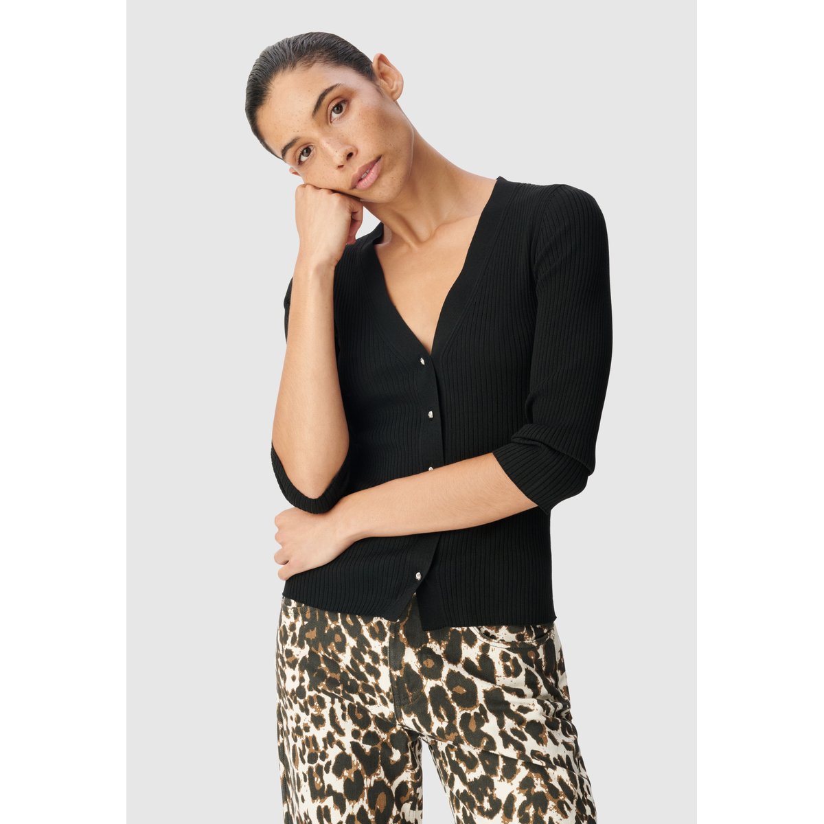 Cardigan col V tricot côtelé boutonné noir, IKKS