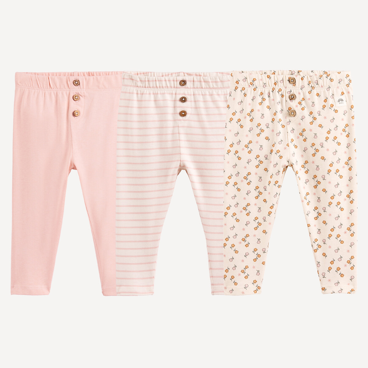 Lot de 3 leggings, motifs à rayures et à fleurs rose + rayé + imp écru, LA REDOUTE COLLECTIONS