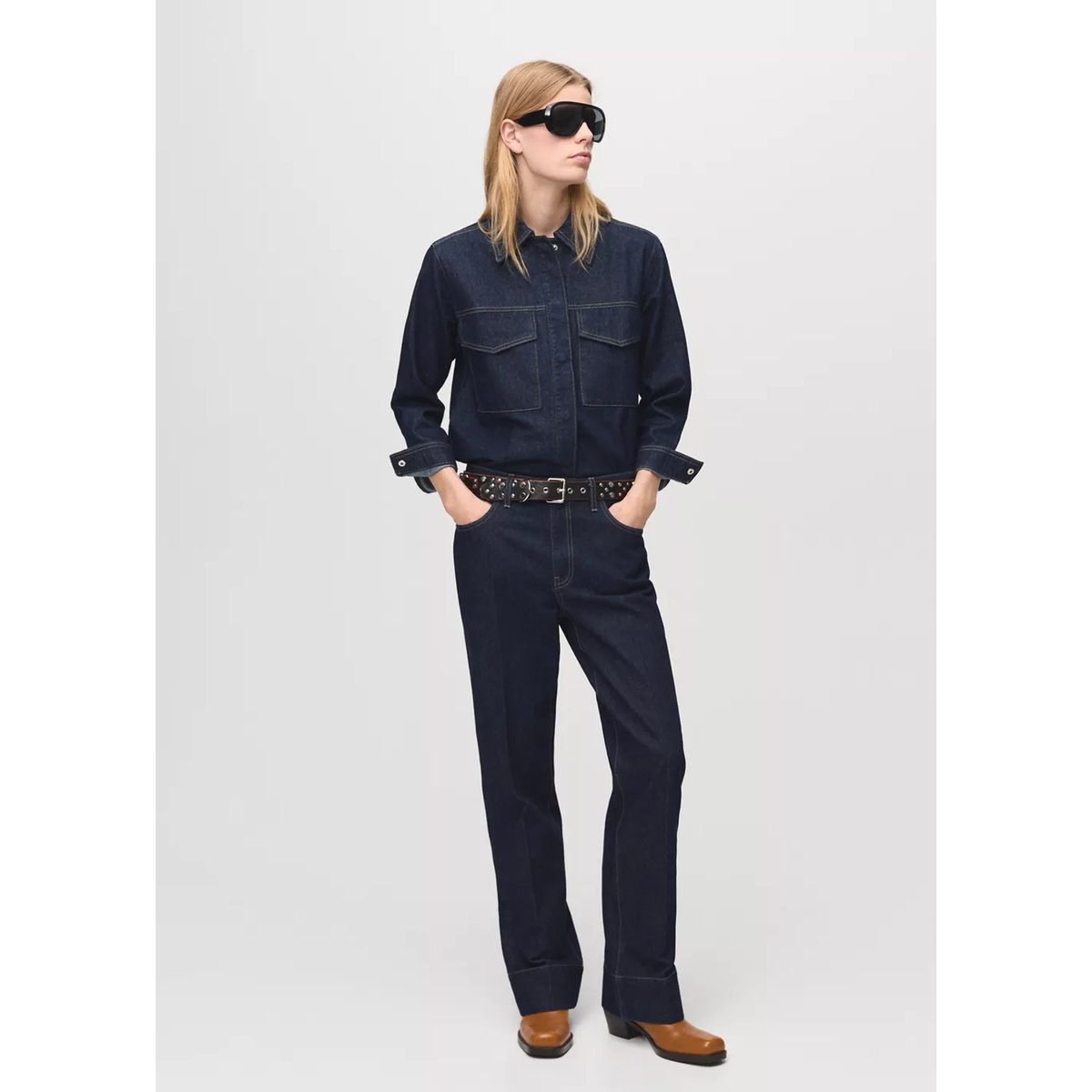 Jean droit revers couture bleu foncé, MANGO