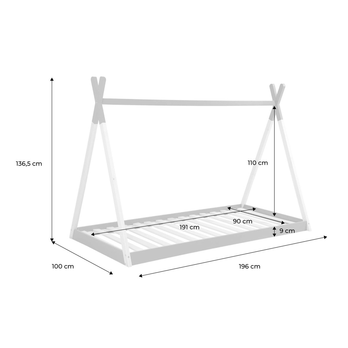 Lit tipi enfant 90 x 190cm bois de pin sommier à lattes inclus TOBIAS blanc, SWEEEK