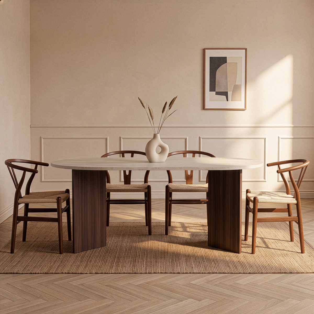 Table à manger avec bords arrondis - SABLE travertin/ noyer, CALICOSY