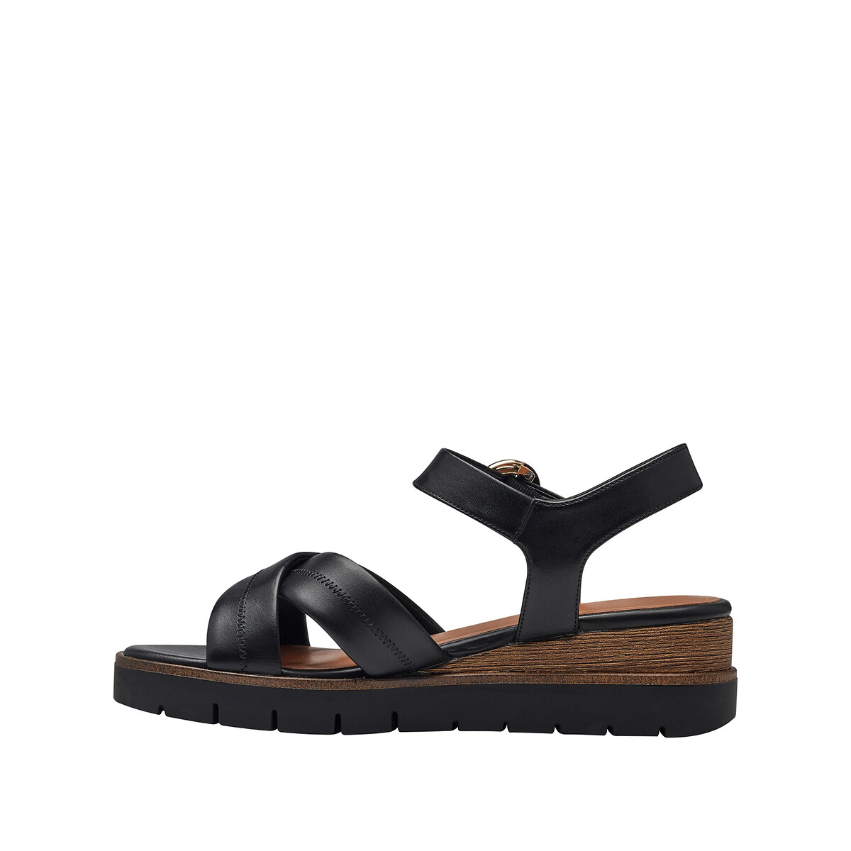 Sandales compensées en cuir noir, TAMARIS