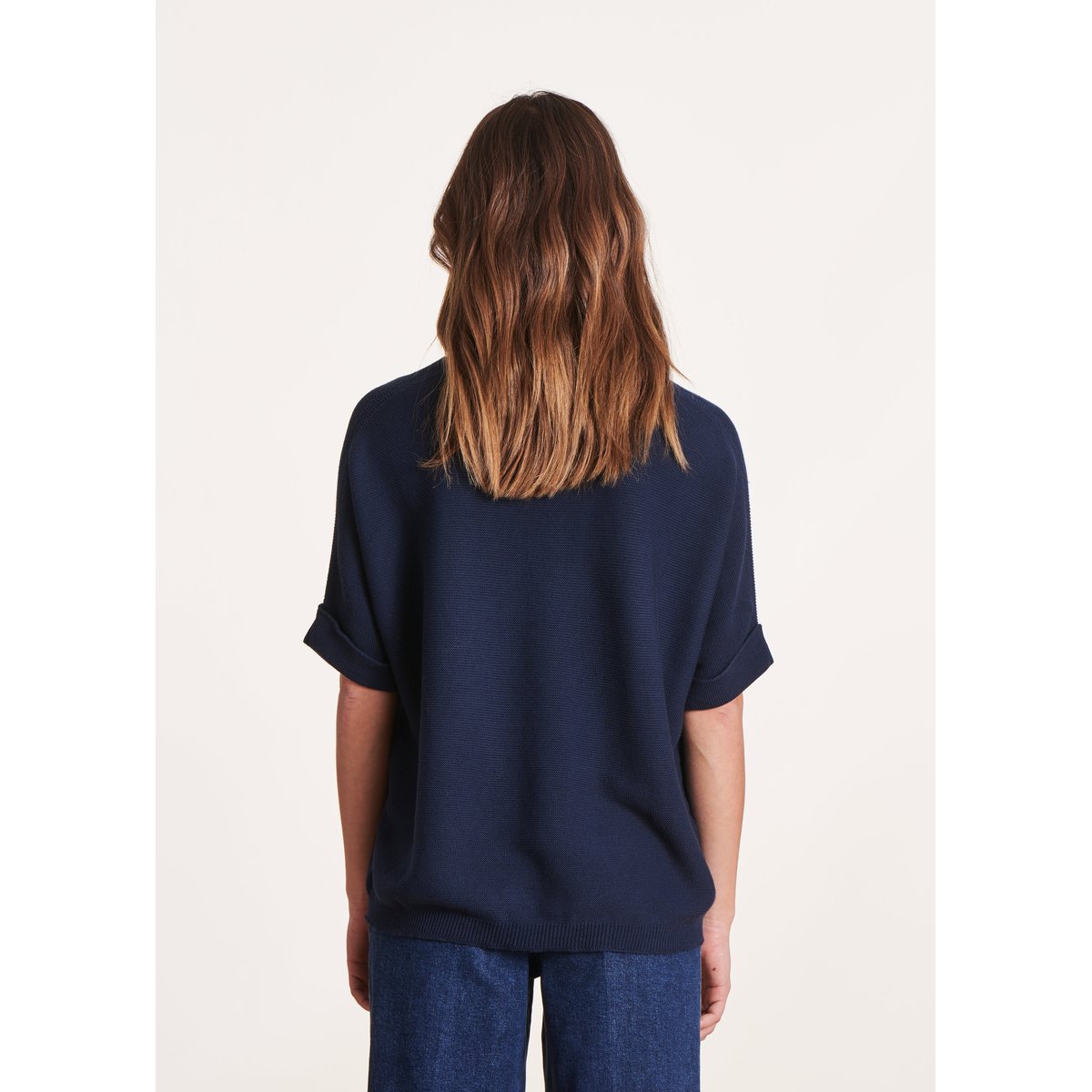 Pull manches courtes col V marine, LA FEE MARABOUTEE