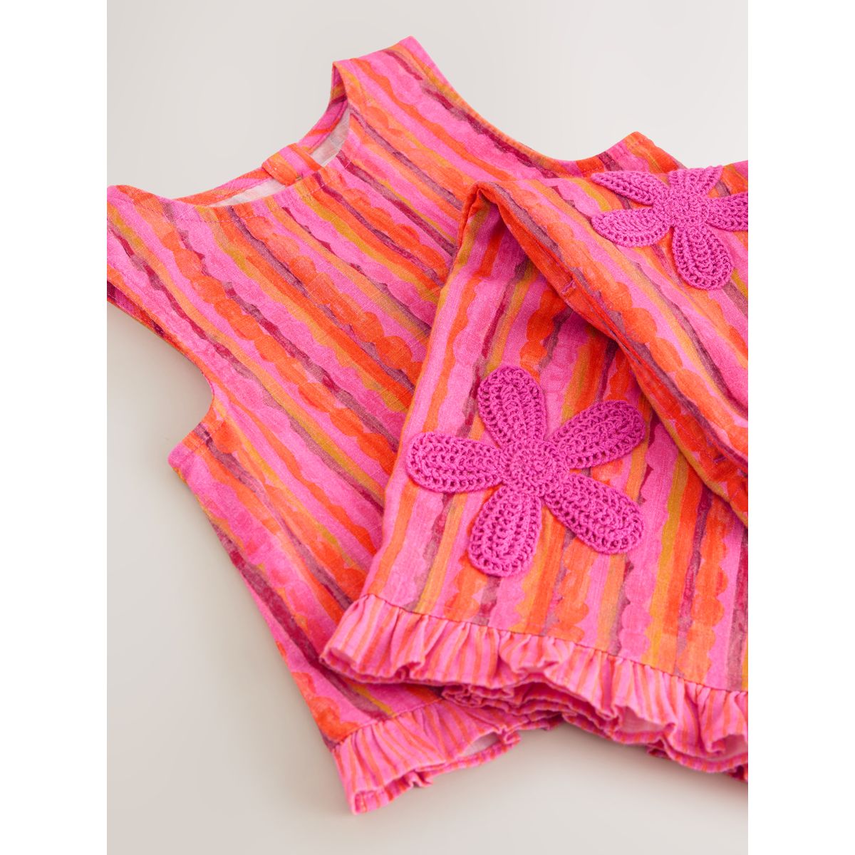 Ensemble haut et pantalon rayures roses/orange/fleurs au crochet, NEXT