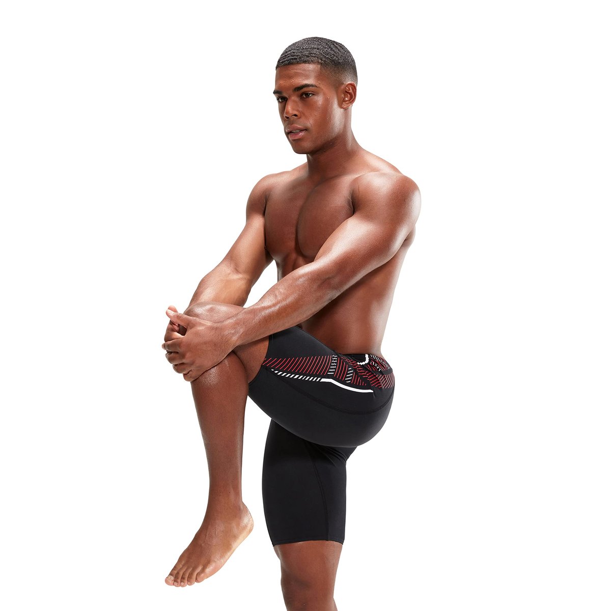 Short de bain à taille mi-haute motif/style rayures TECH PANEL noir / rouge, SPEEDO