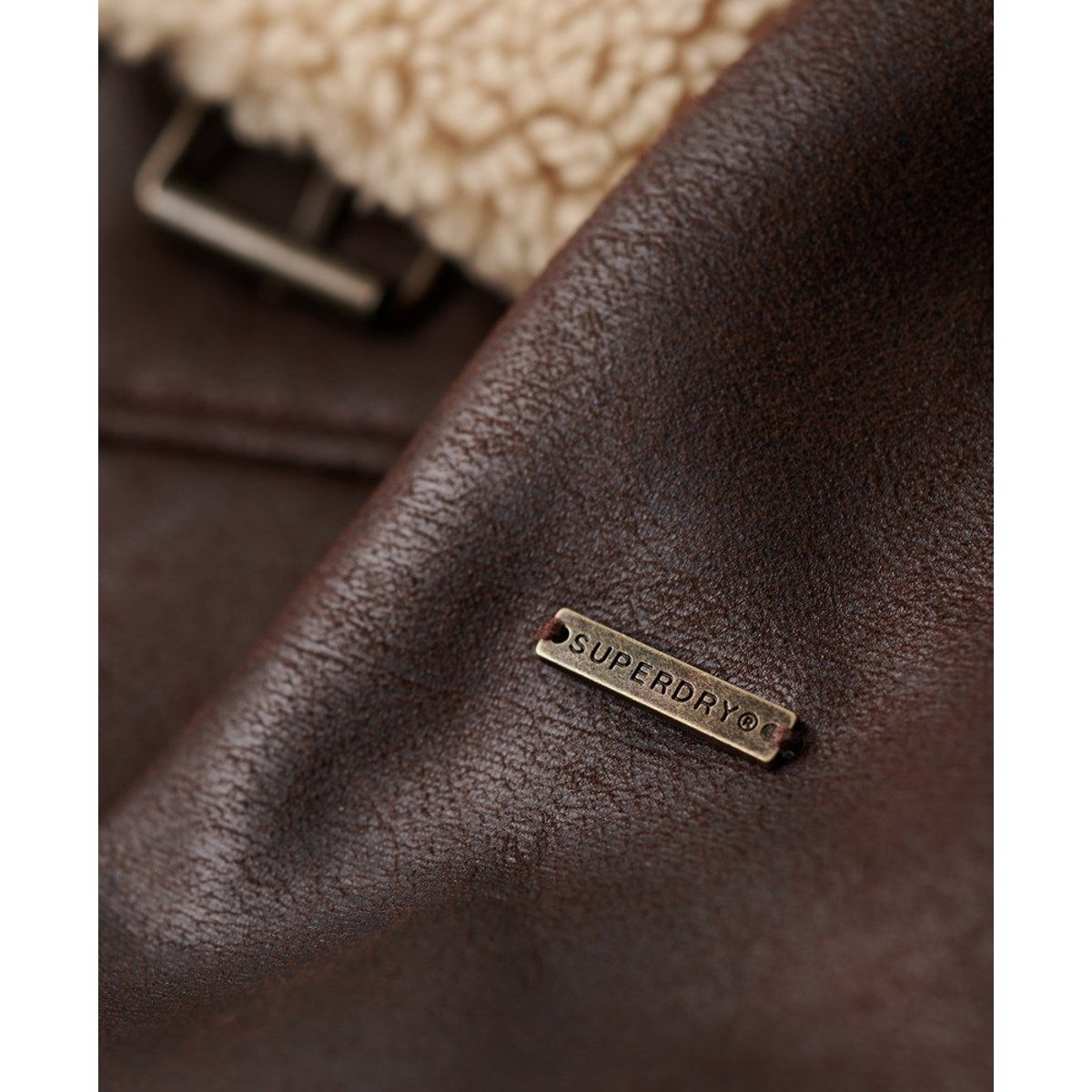Veste aviateur courte en peau de mouton synthétique marron foncé, SUPERDRY