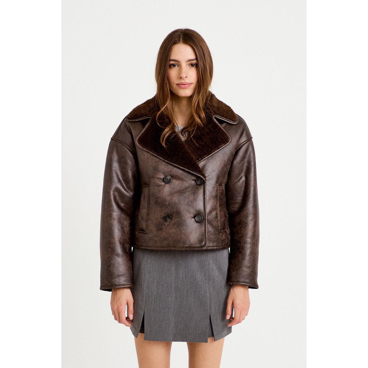 Caban cropped droit col tailleur marron foncé, CACHE CACHE