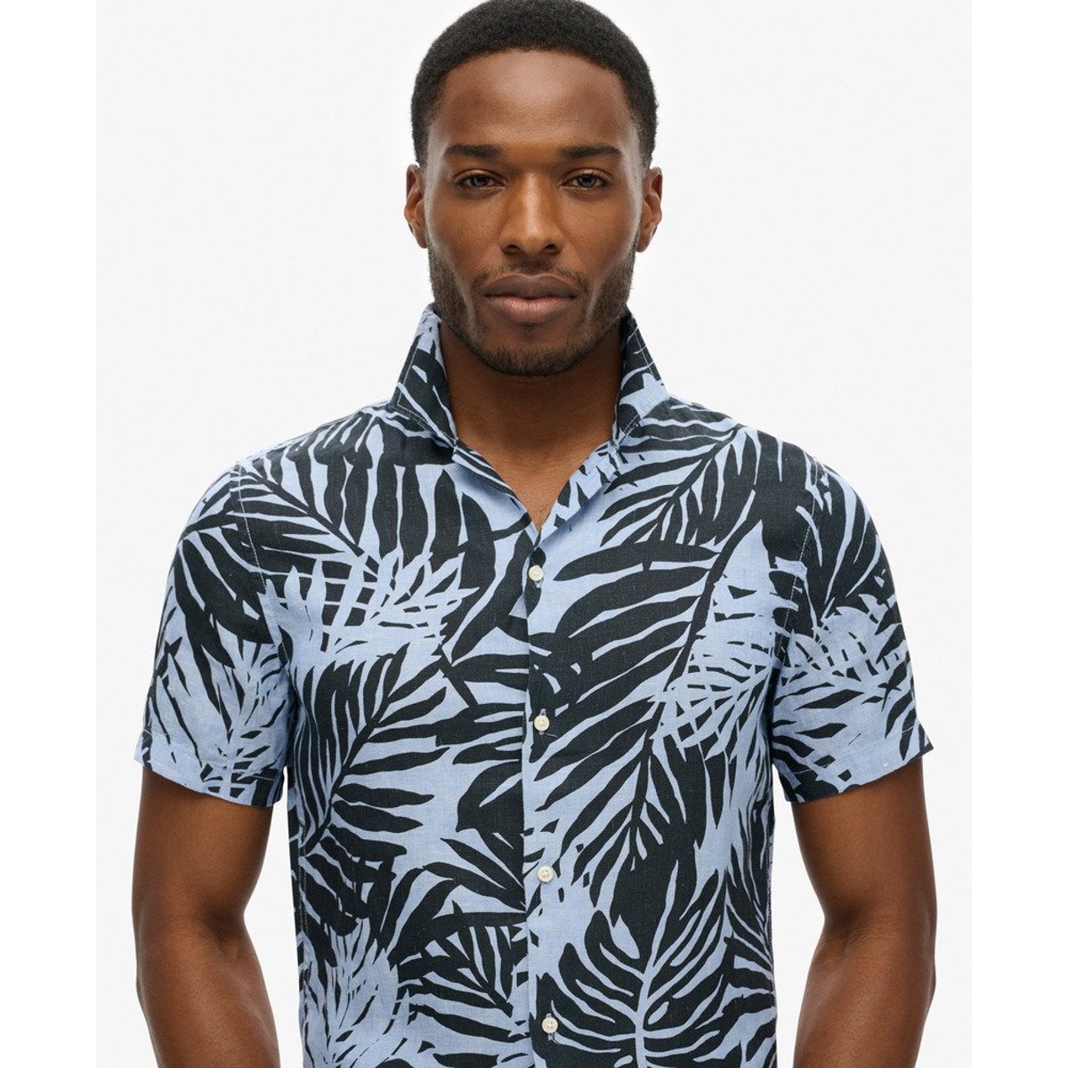 Chemise imprimée en lin à col ouvert imprimé bleu palmier philip, SUPERDRY