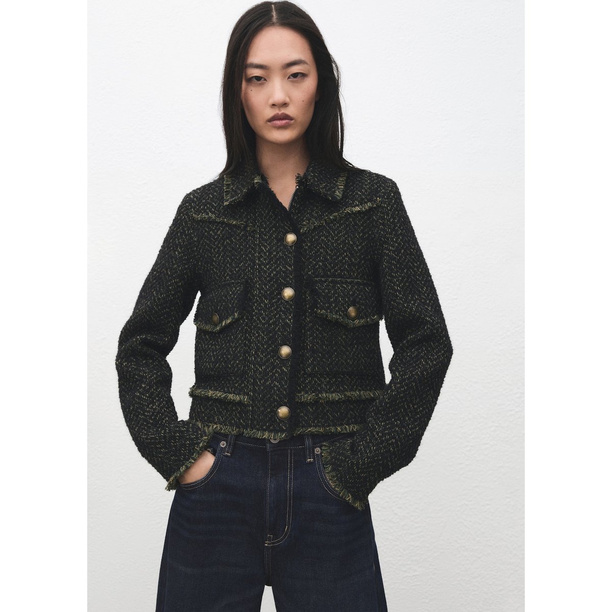 Veste tweed col à revers vert, MANGO