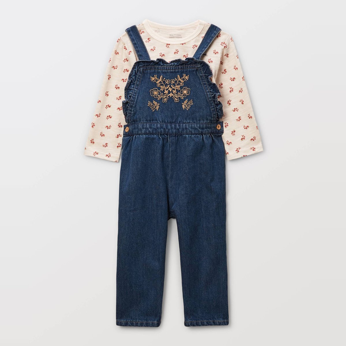 Ensemble t-shirt manches longues imprimé et salopette longue en denim stone denim, BOUT'CHOU