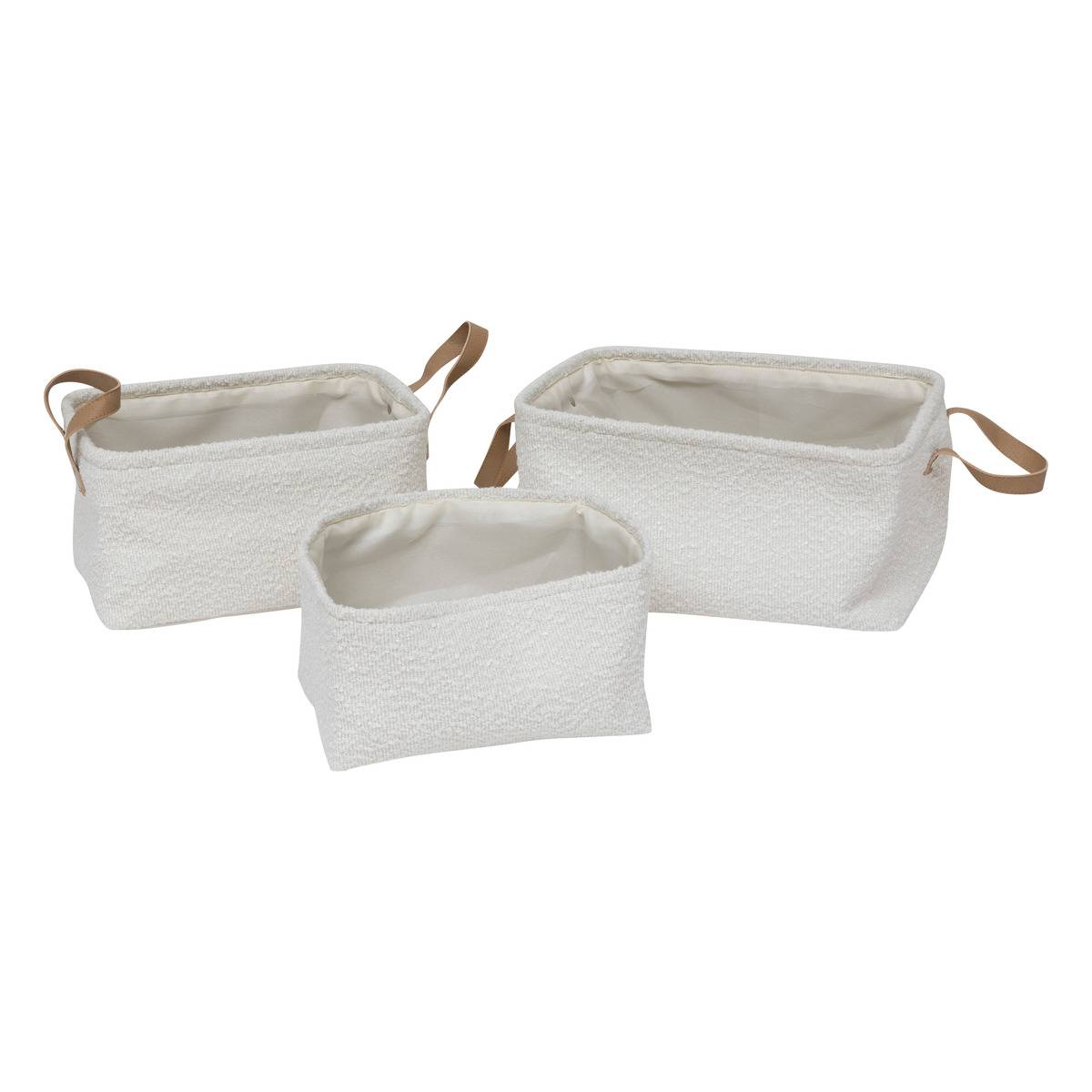 Lot de 3 paniers en tissu bouclette à poignées effet cuir LOE blanc, ATMOSPHERA