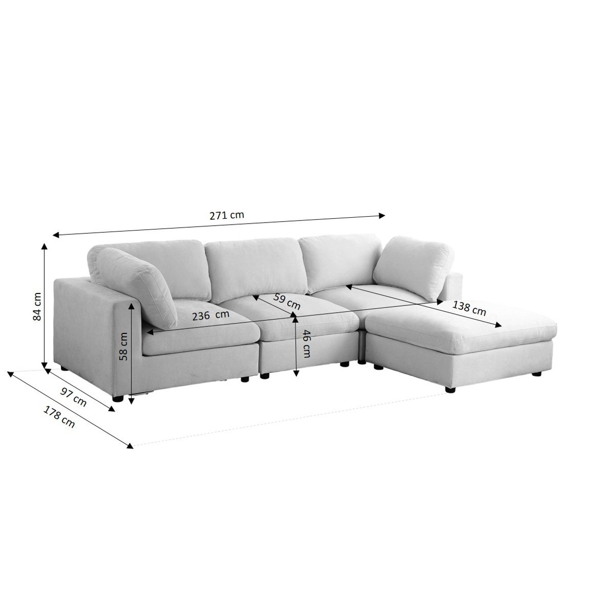 Canapé d'angle modulable tissu  MIZAR gris, BAÏTA