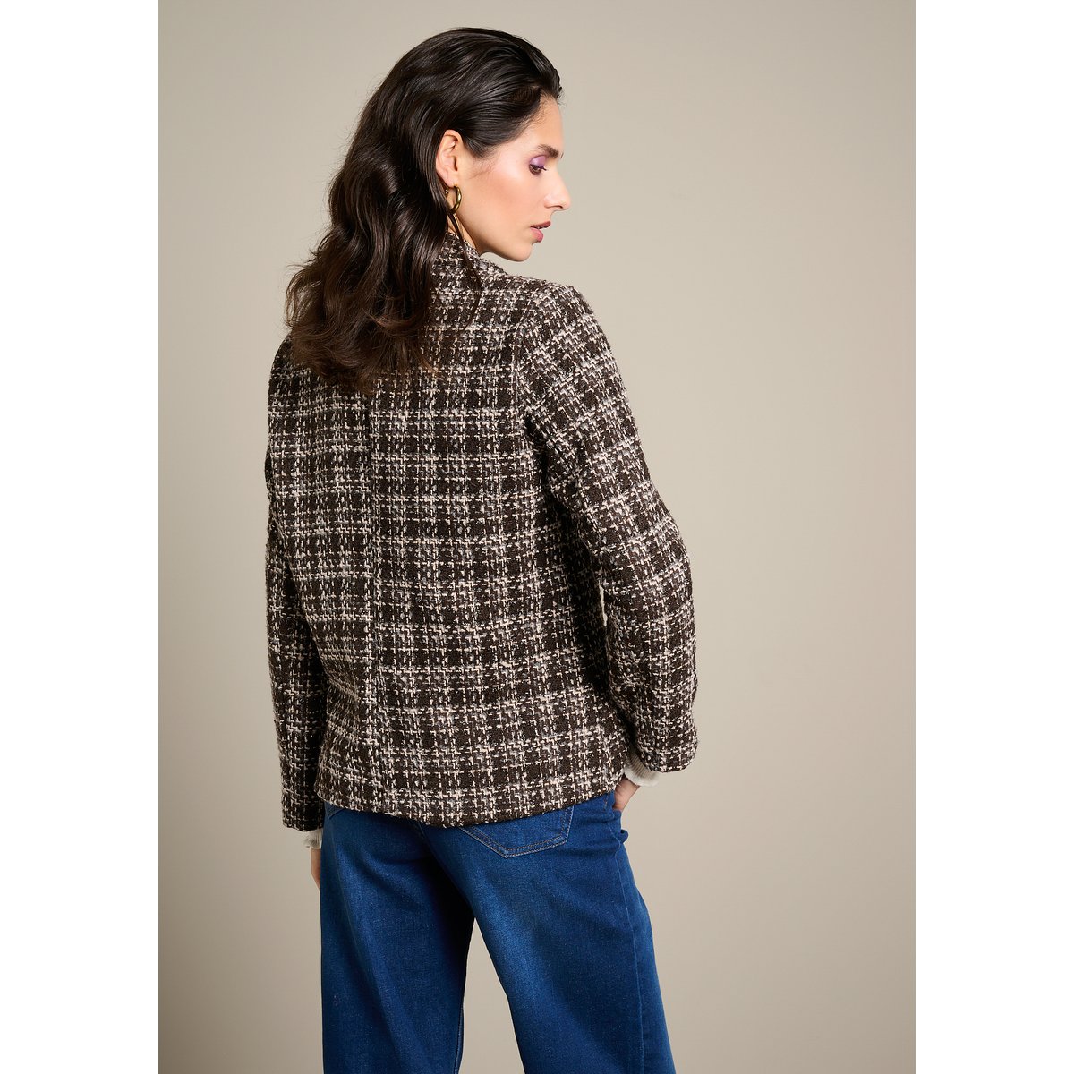 Blazer en tweed boutonné brun fonce chocolate, LOLALIZA