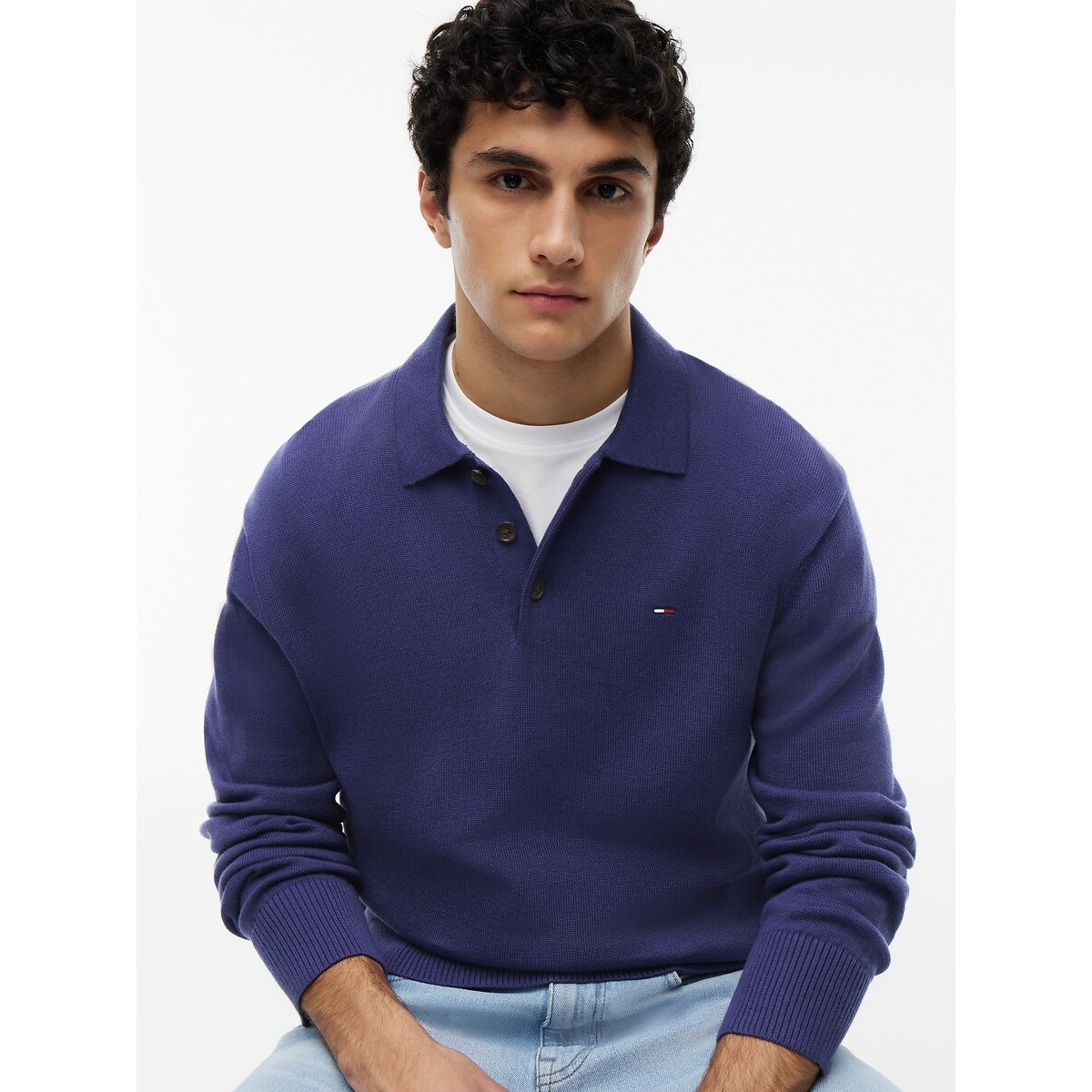 Camisola slim-fit, gola polo azul , TOMMY JEANS
