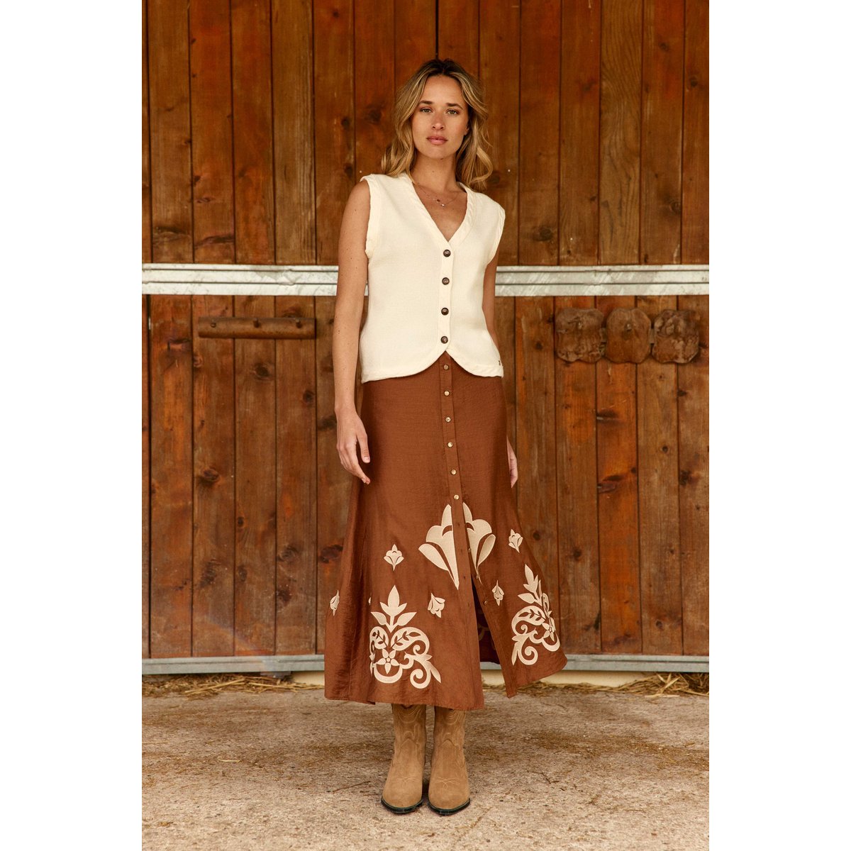 Jupe longueur midi évasée imprimé broderie JAELA 15-camel, LA PETITE ETOILE