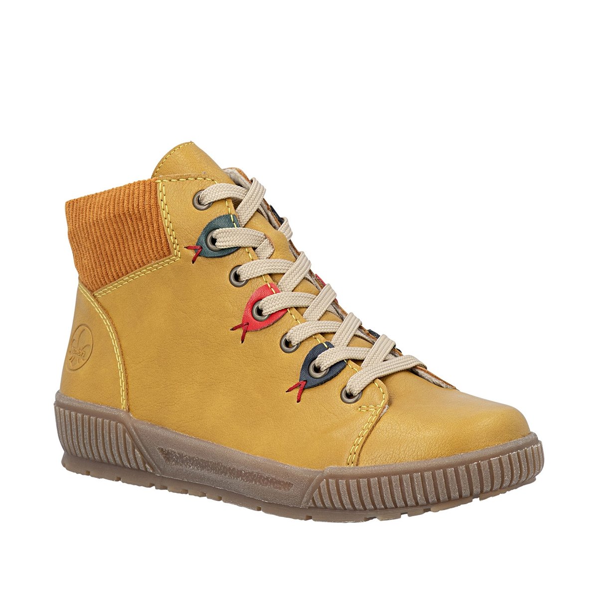 Bottines jaunes à talon plat pourvues de lacets et d'un zip latéral jaune, RIEKER