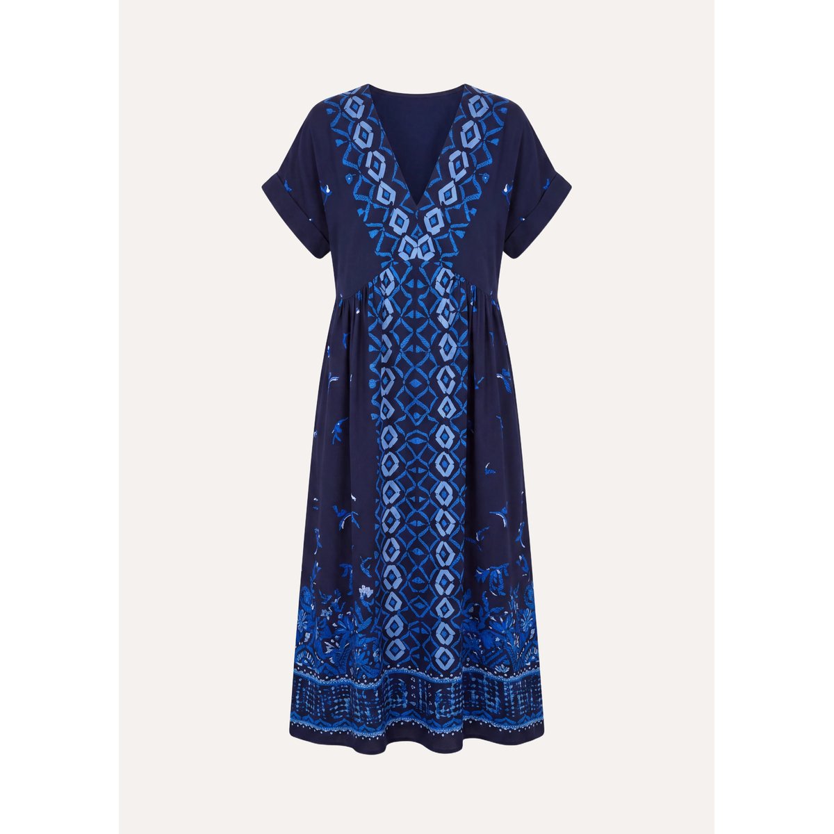 Robe longue ample col V à imprimé bleu, LA FEE MARABOUTEE