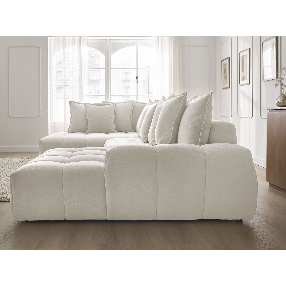 Canapé panoramique convertible 6 places en tissu texturé, EVEREST blanc, BOBOCHIC