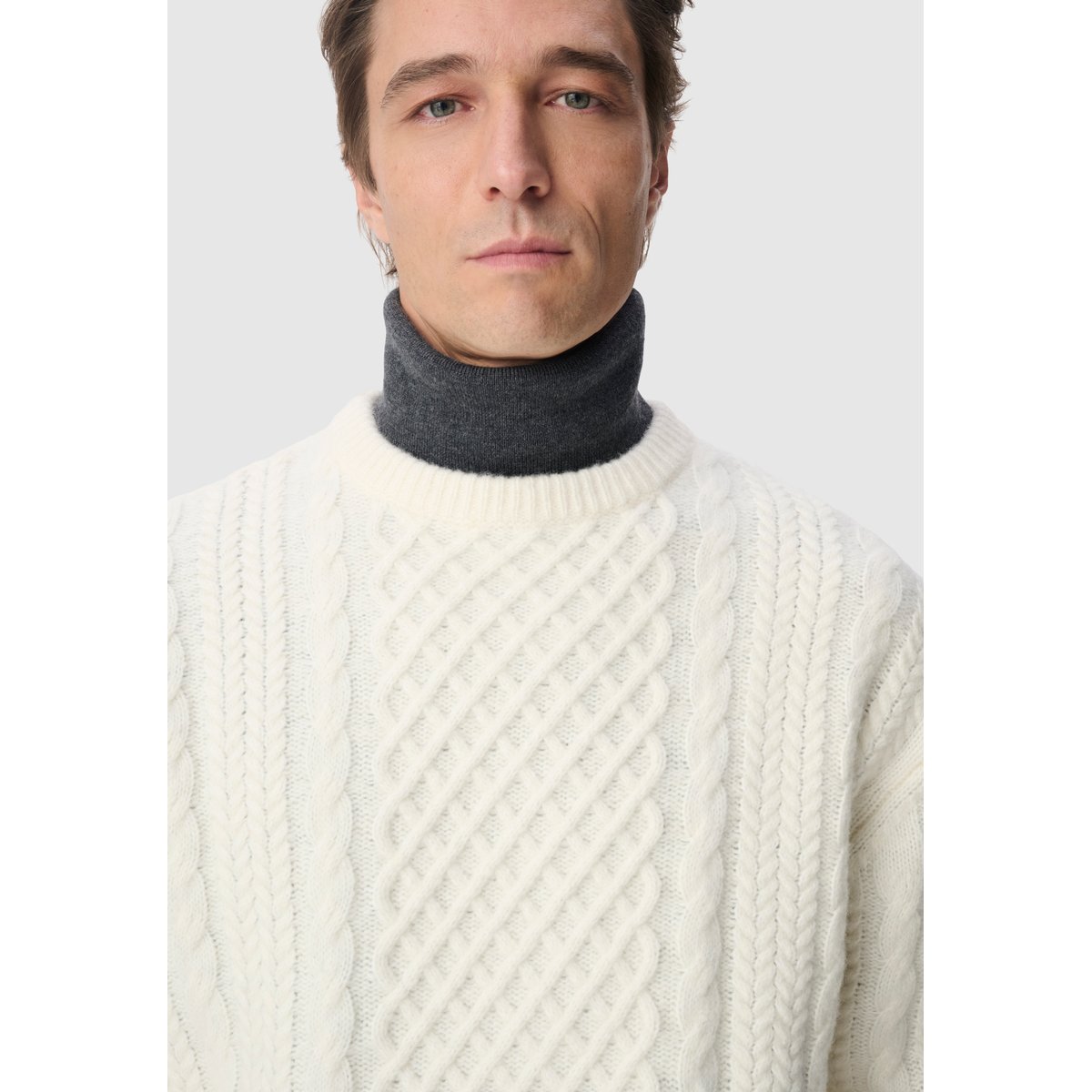Pull col rond tricot points torsades ecru, IKKS