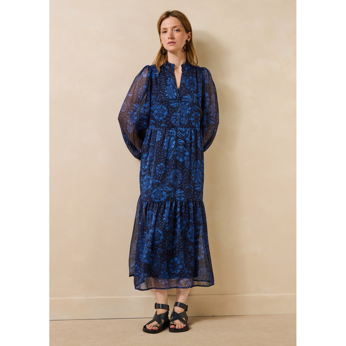Robe longue à imprimé fleuri manches longues bleu, LA FEE MARABOUTEE