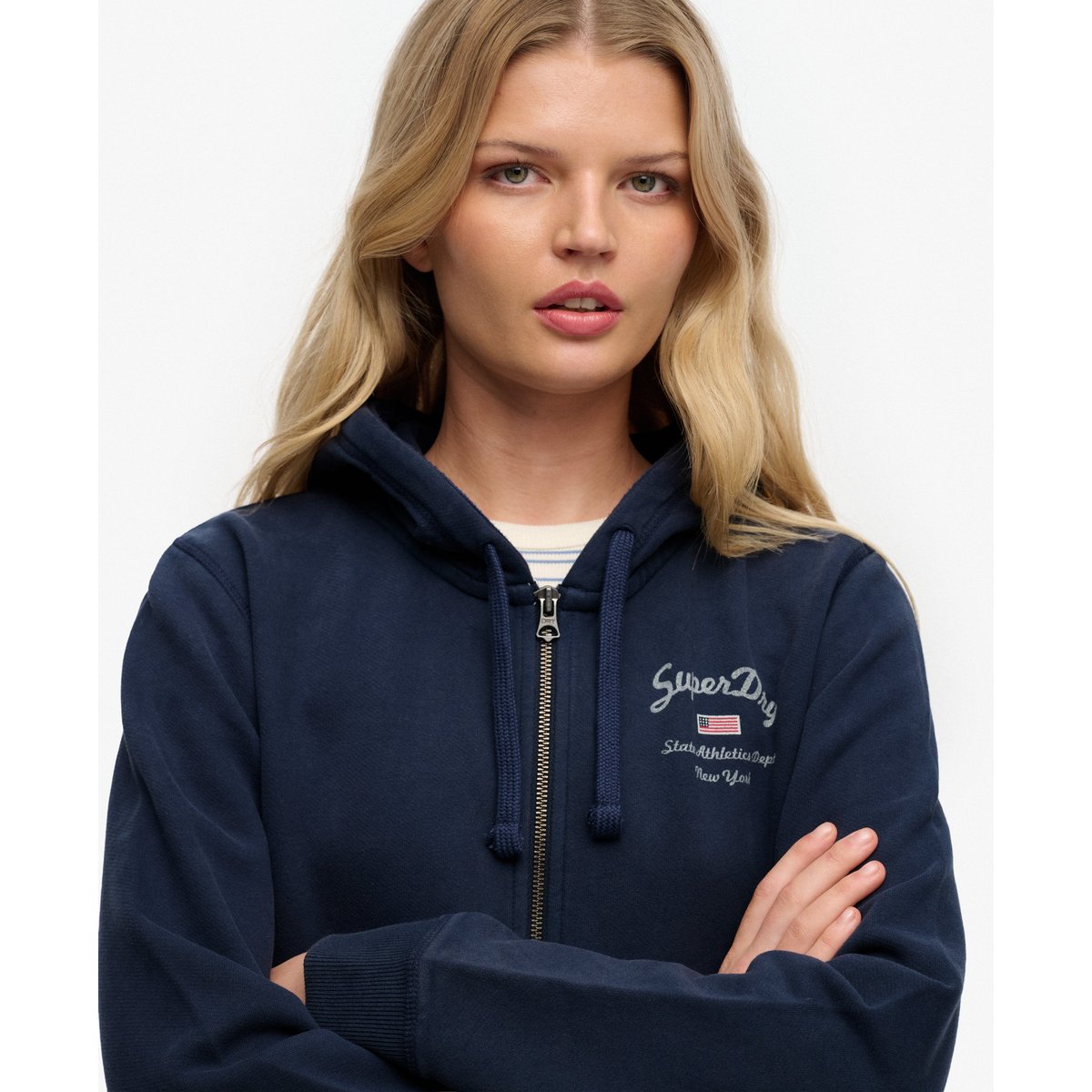 Sweat à capuche zippé court Athletic Essentials bleu marine lauren, SUPERDRY