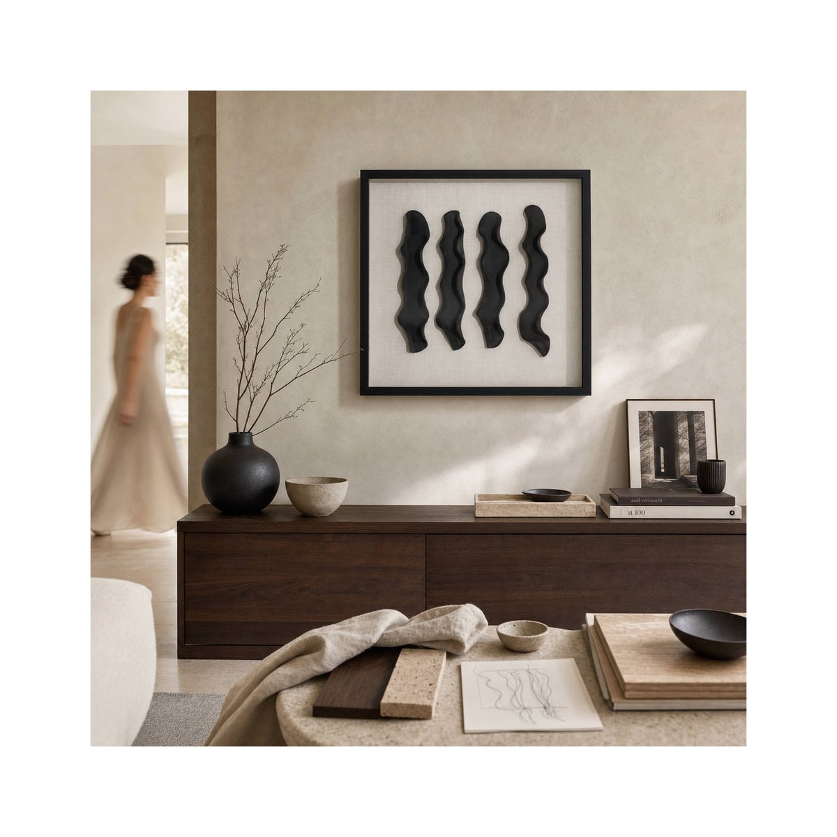 Tableau abstrait en relief, Bois et verre noir et crème, RECOLLECTION