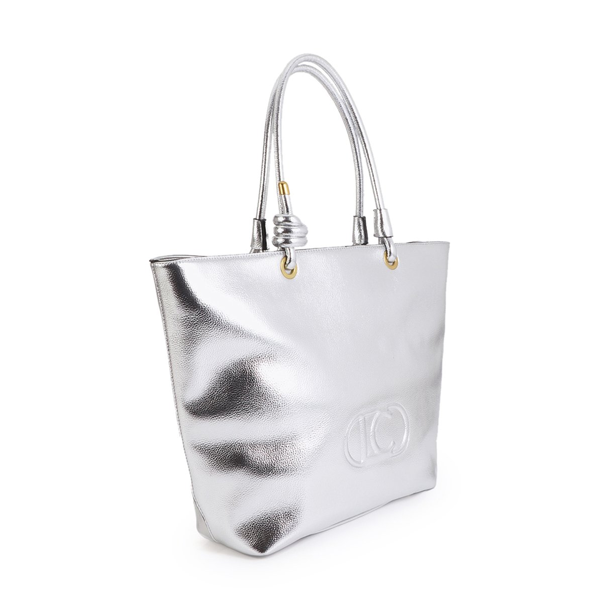 Cabas en cuir métallisé avec logo embossé argent, LOLA CASADEMUNT