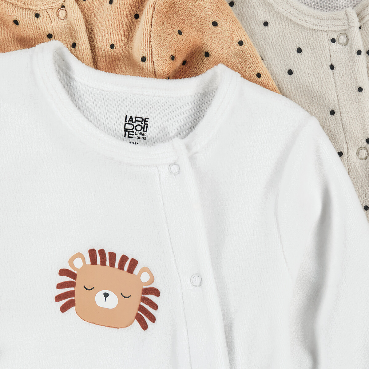 Pack of 3 Sleepsuits in Velour with Polka Dot/Lion Print assorted, LA REDOUTE COLLECTIONS