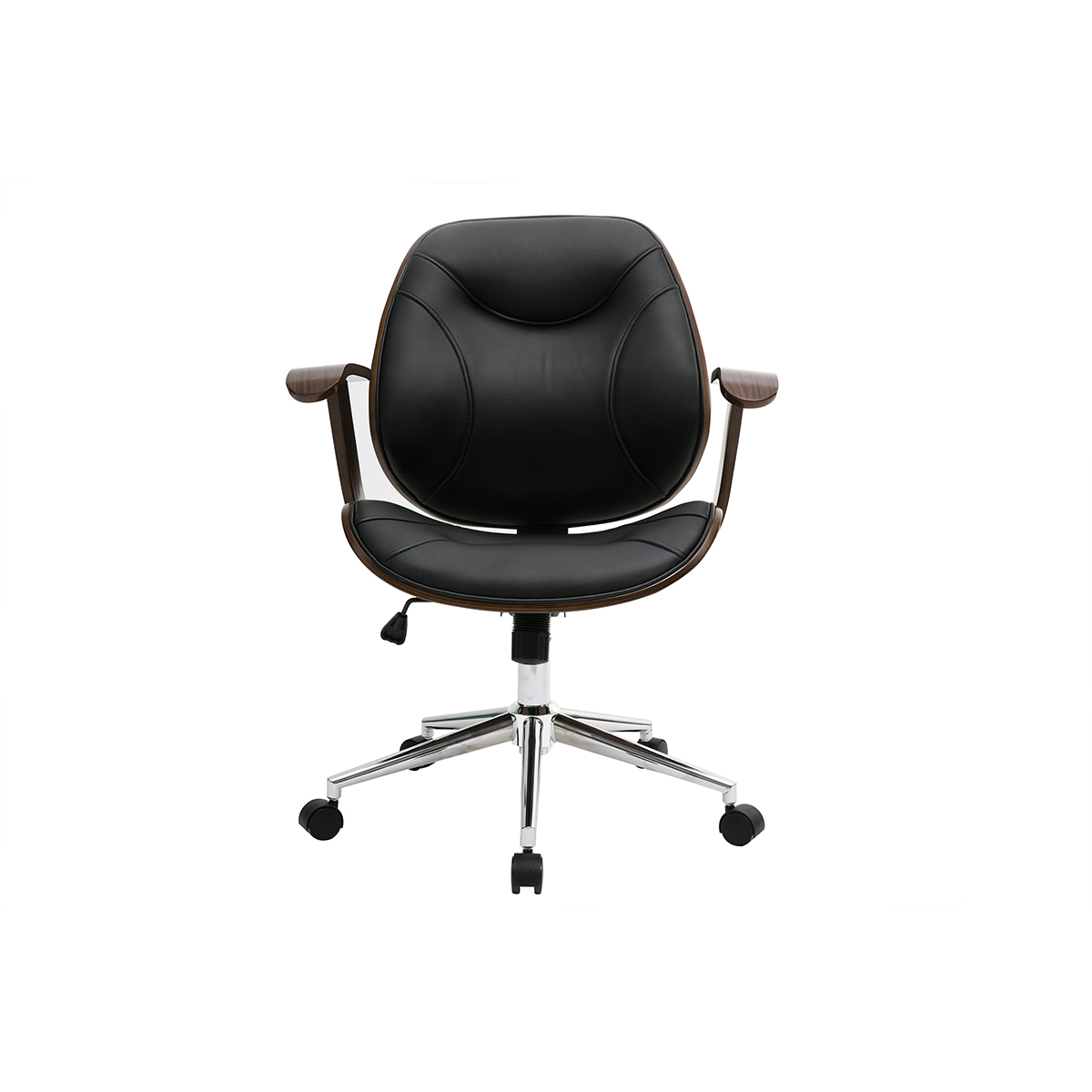 Chaise de bureau à roulettes design en tissu effet velours texturé beige, bois foncé et acier chromé YORKE noyer / noir, MILIBOO