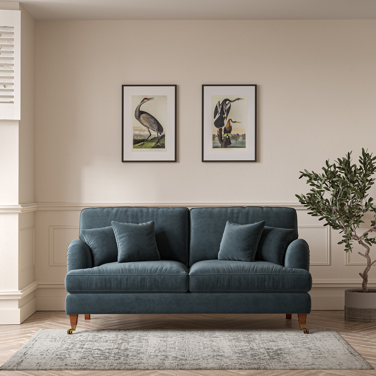 Emeline Textured Velvet 3 Seater Sofa with Castor Legs petrol blue, ÉDITÉ