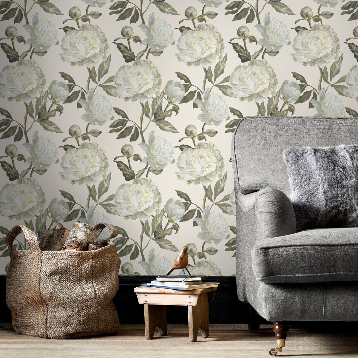 Papier peint Fleurs Vintage Pivoine beige, vert, écru, WOW