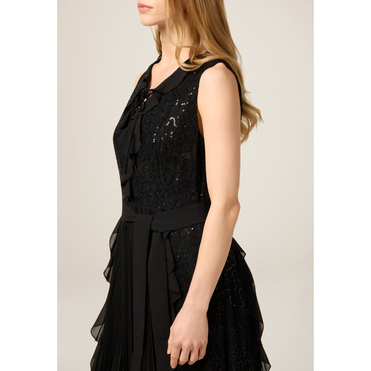 Robe midi à volants et paillettes noir, OLTRE