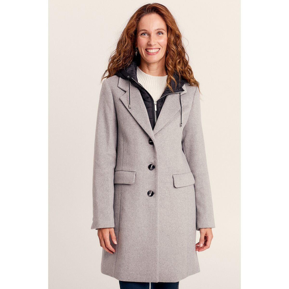 Manteau droit à capuche gris clair, BREAL
