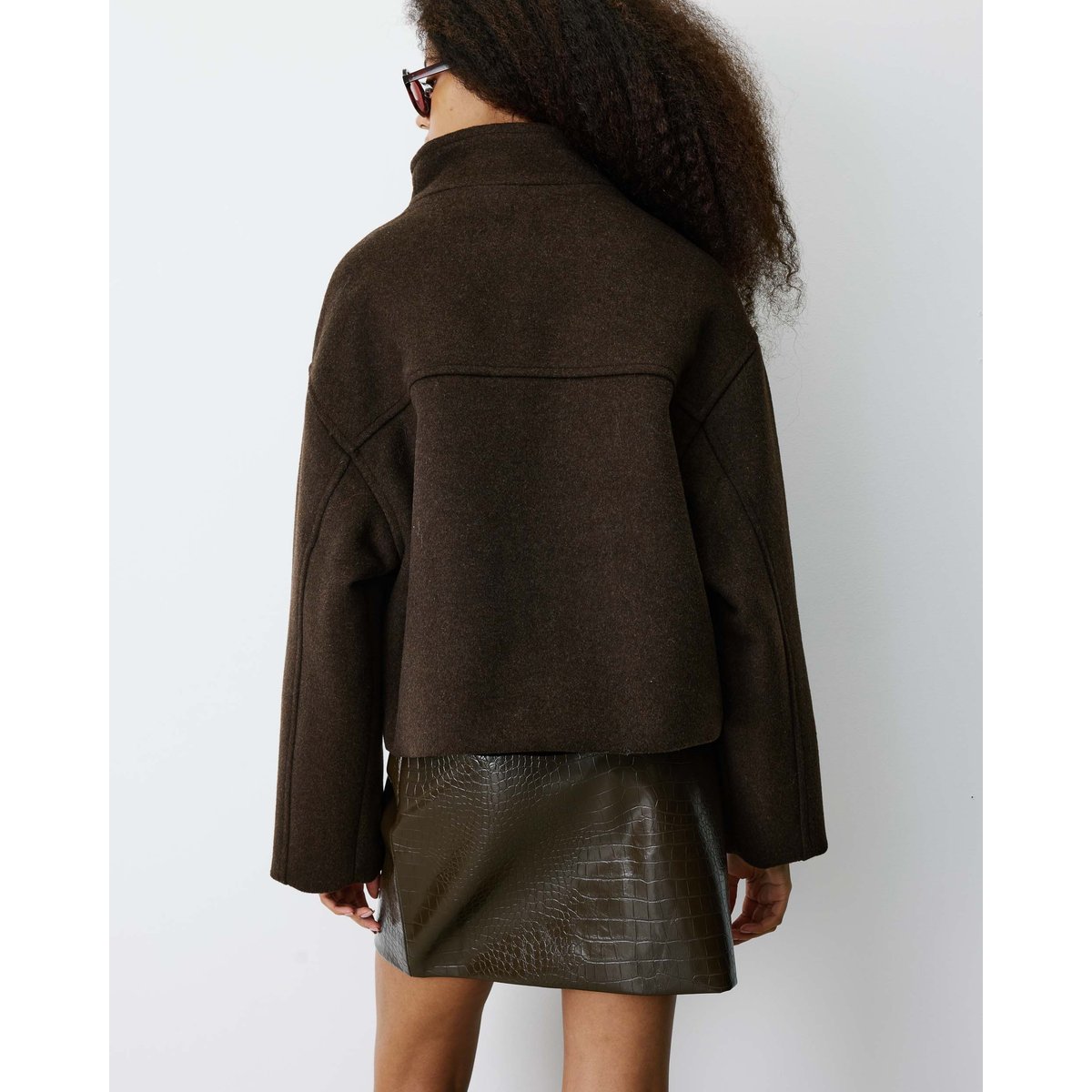 Manteau court col cheminée en laine mélangée chocolat Blanca chocolat, GRACE & MILA