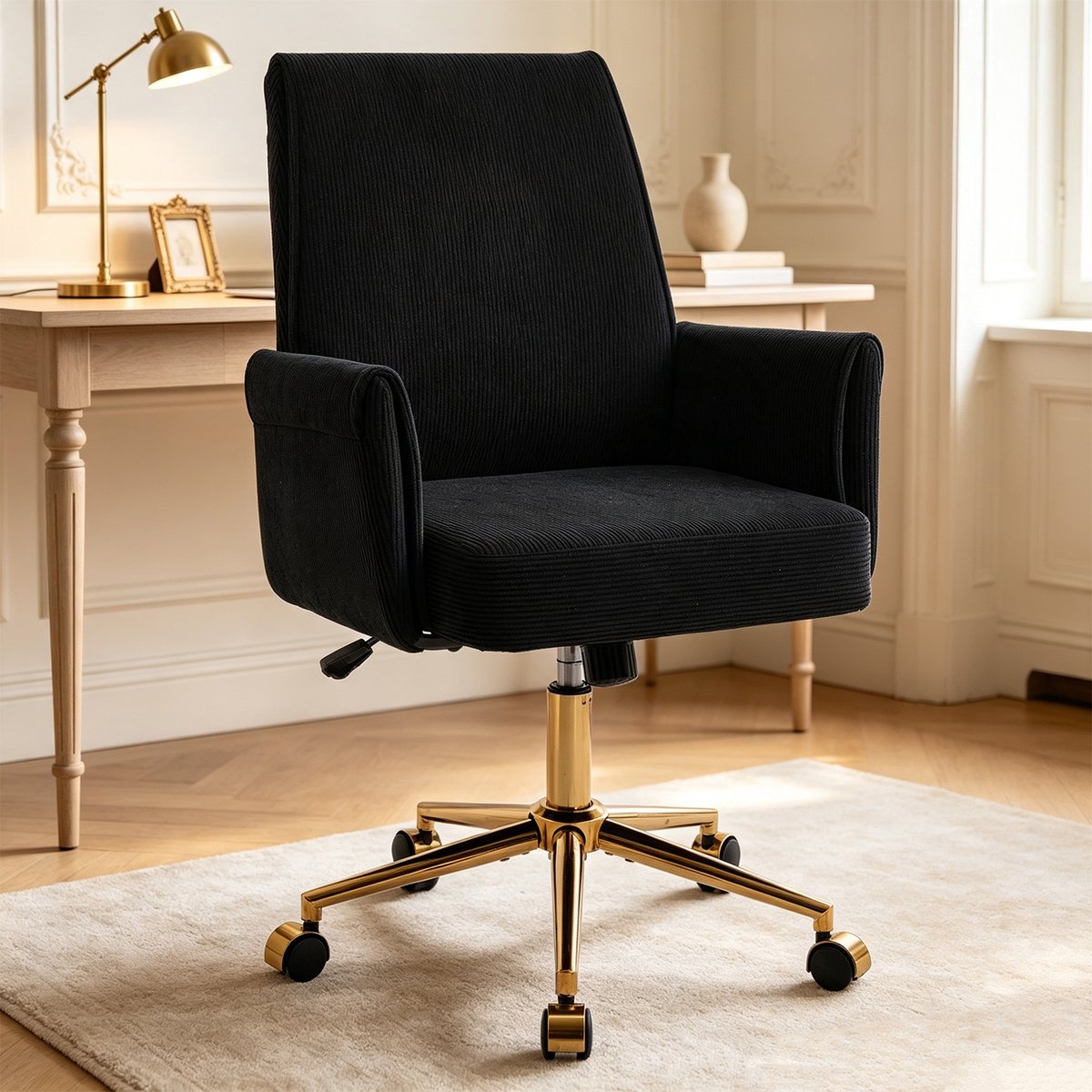 Chaise de bureau pivotante réglable en hauteur en velours côtelé, ELVAN noir, MEUBLES COSY