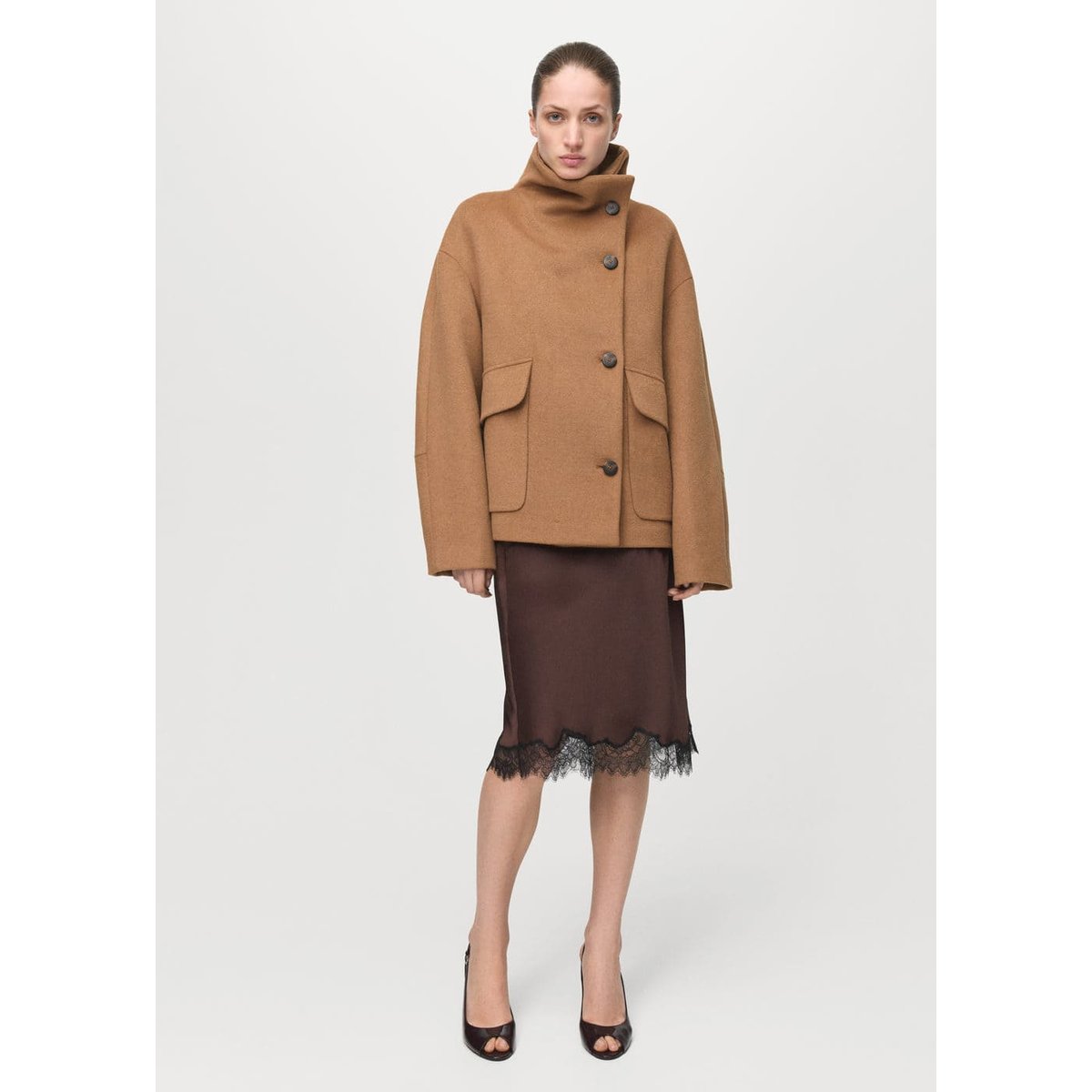 Manteau laine mélangée col cheminée marron moyen, MANGO