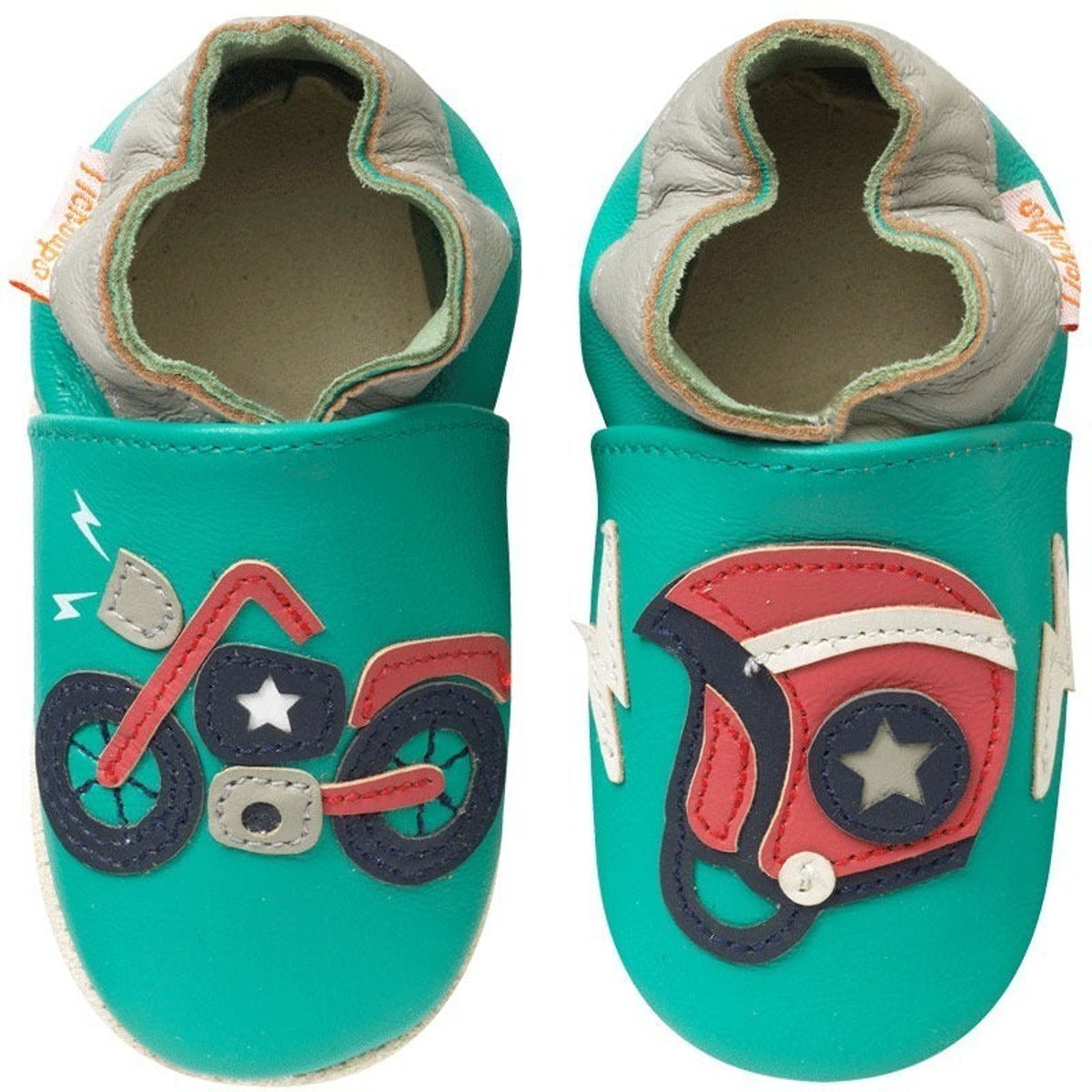 Chaussons bébé cuir souple Malo la moto vert, TICHOUPS